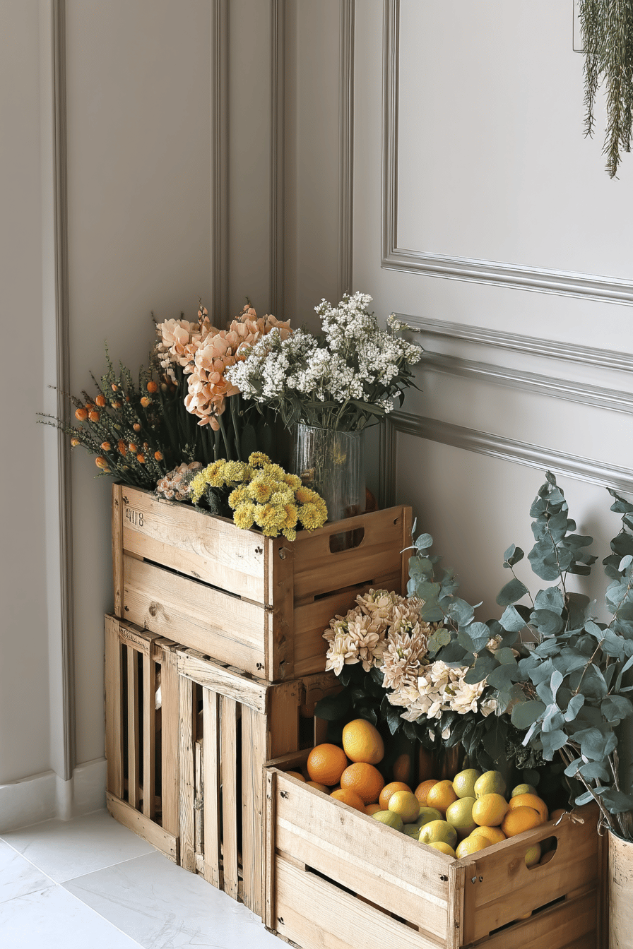 Holzkisten gefüllt mit Blumen und Früchten als Dekoration.