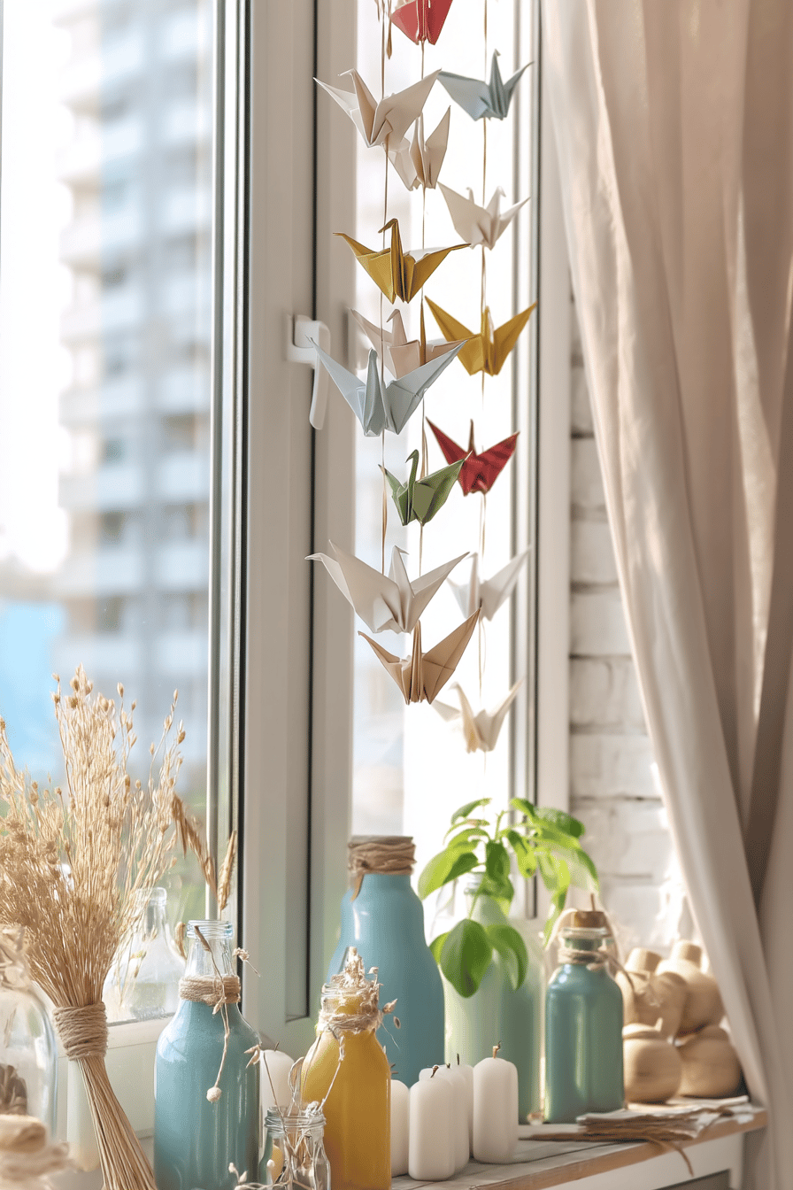 Fensterbank mit Origami Vögeln, bunten Flaschen und Kerzen dekoriert.