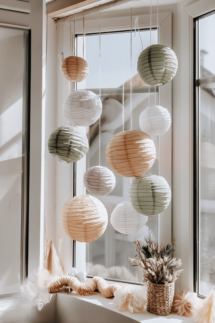 Papierlaternen in verschiedenen Farben hängen an einem Fenster.