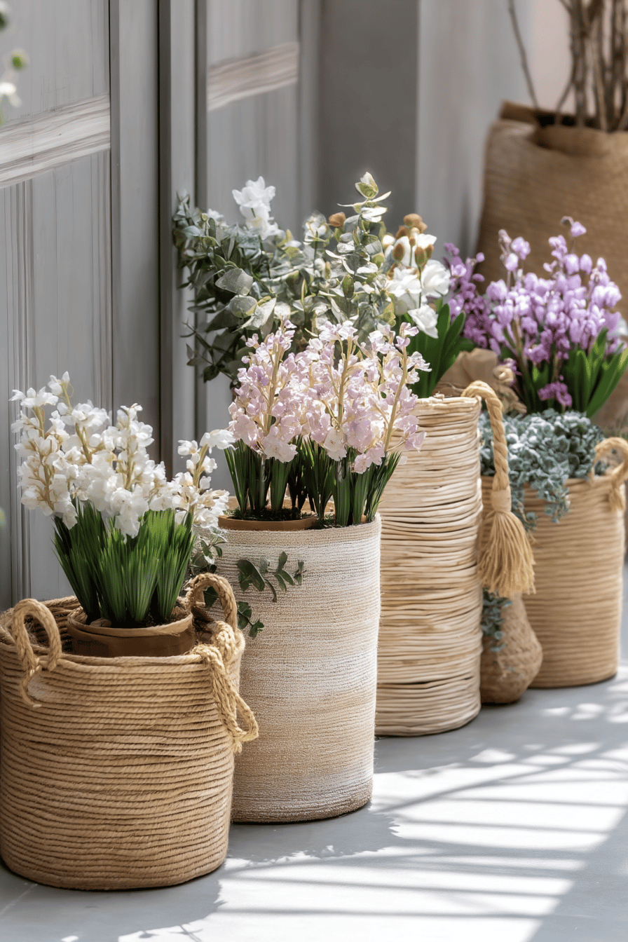 Verschiedene Pflanzkörbe aus Naturmaterialien mit Frühlingsblumen vor einer Holzwand.