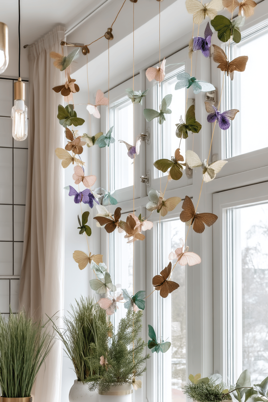 Schmetterlingsgirlanden hängen am Fenster, dekoriert mit Pflanzen.