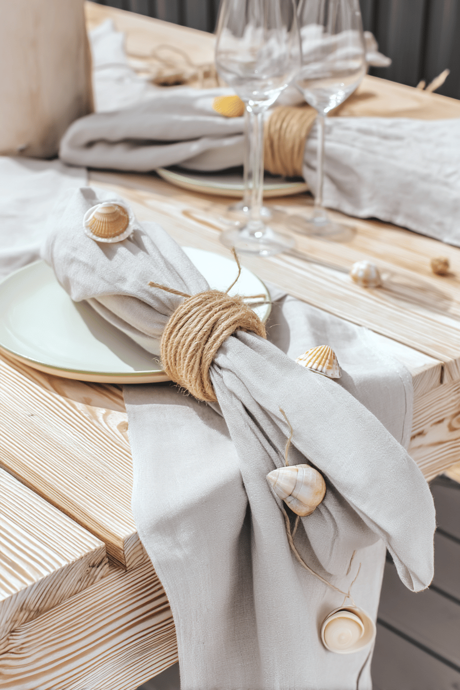 Serviette mit Jutekordel umwickelt, verziert mit Muscheln auf einem Holztisch.