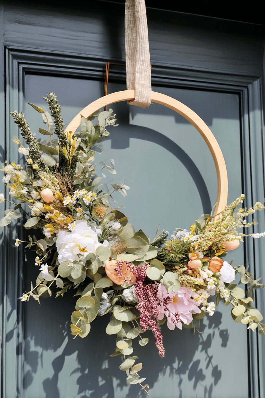 Handgemachter Türkranz aus Holz mit Blumen und Eukalyptusblättern.