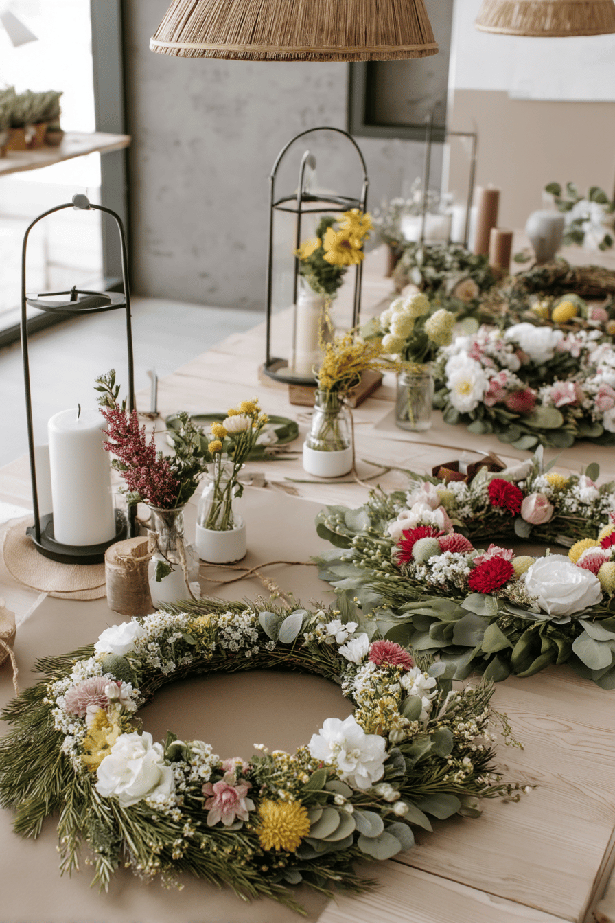 Ein Tisch mit verschiedenen Blumenkränzen und Vasen mit frischen Sommerblumen.