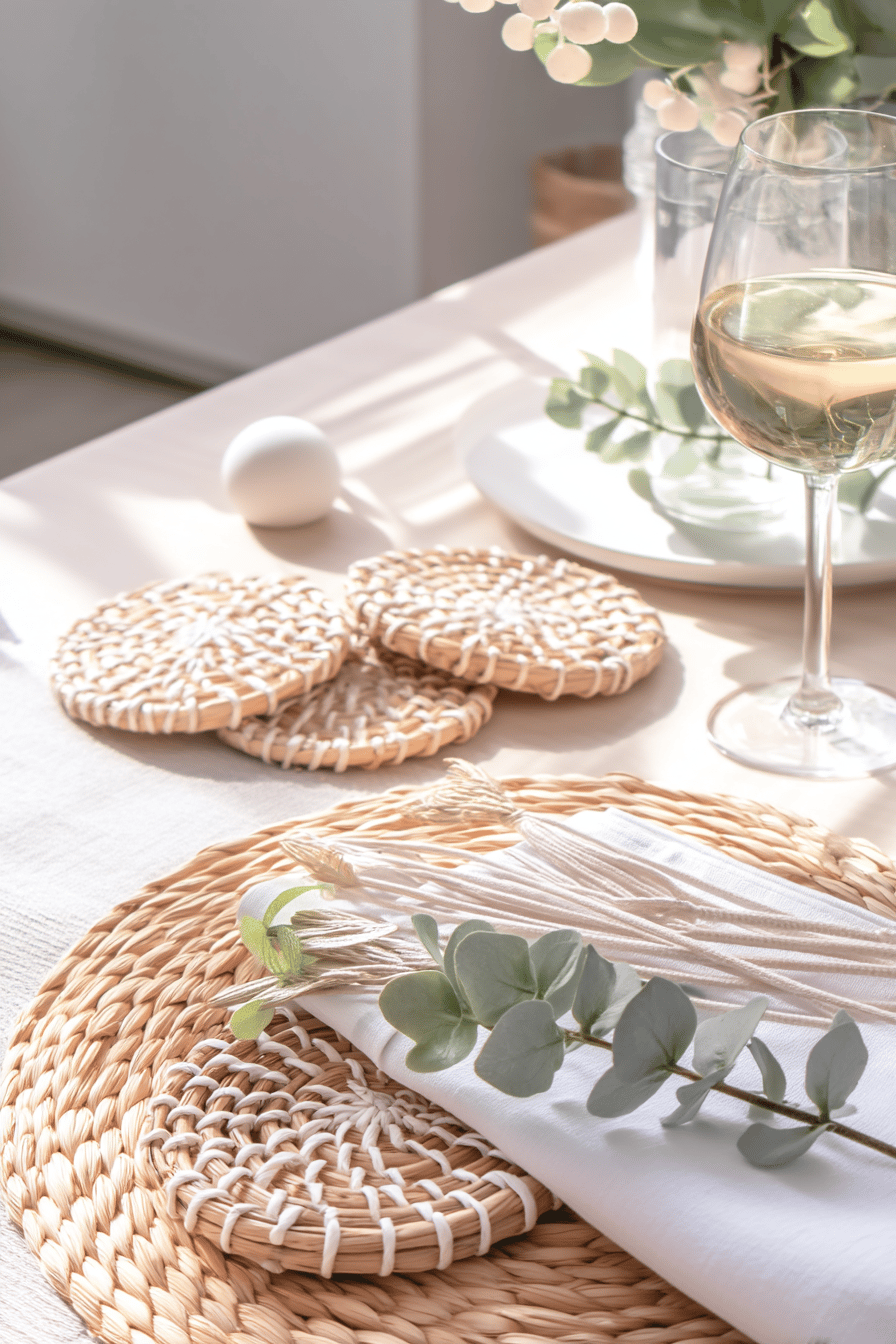 Sommerlich gedeckter Tisch mit Bastuntersetzern, Weinglas und Eukalyptuszweig.