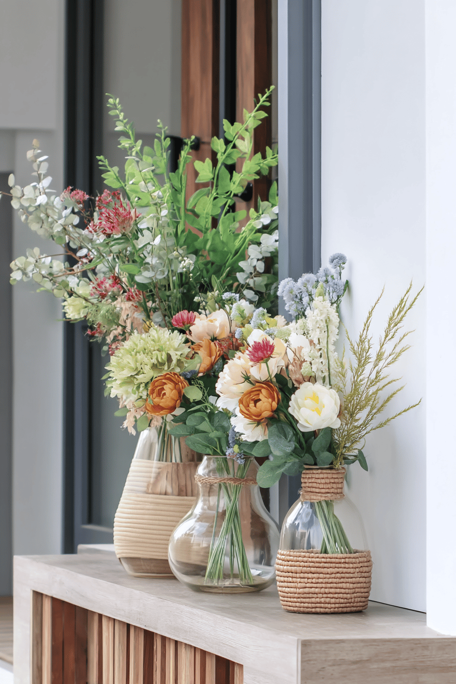 Vasen mit bunten Blumen stehen dekorativ vor einer Haustür.