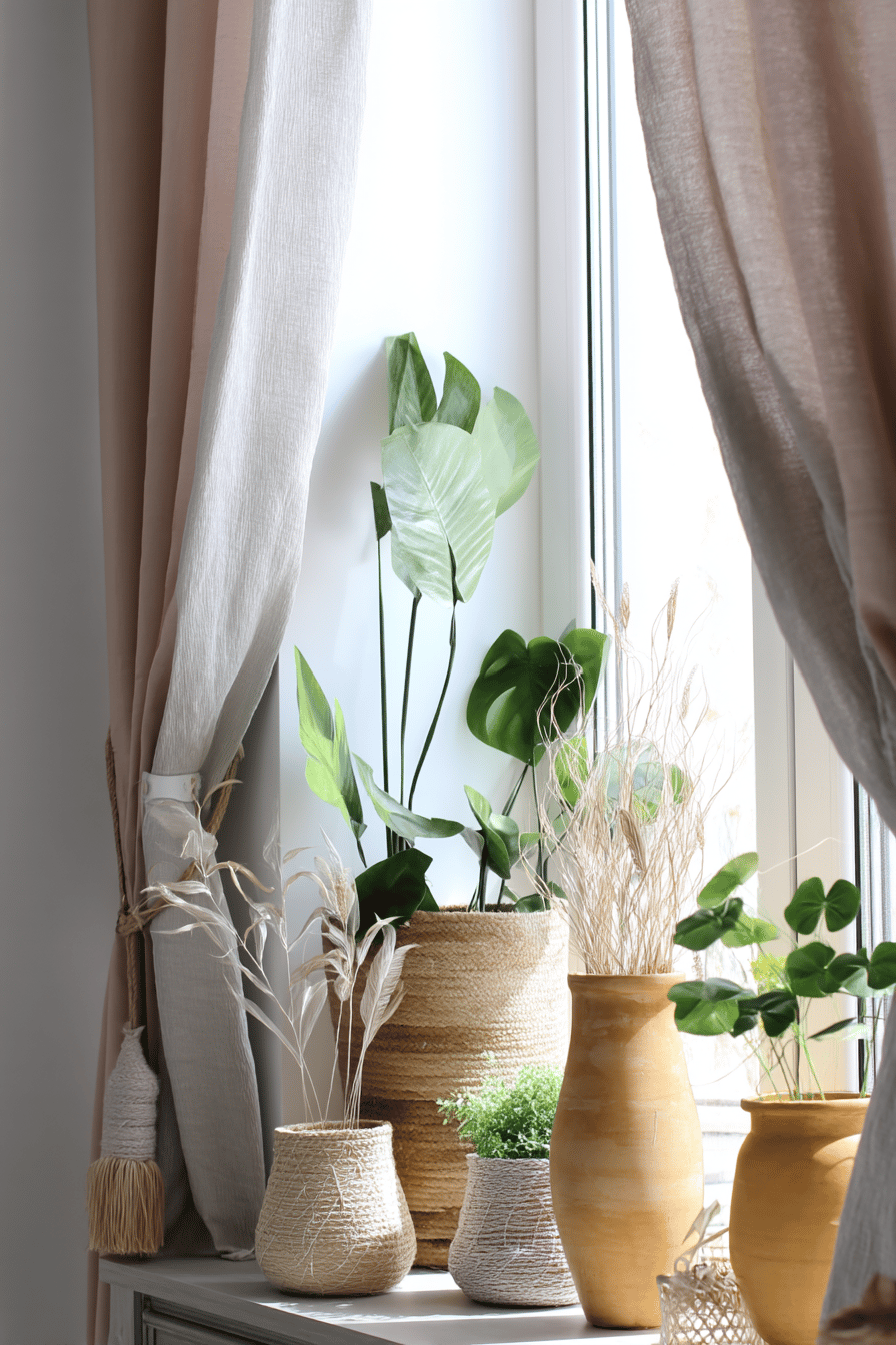 Fensterbank mit Pflanzen und handgefertigten Blumentöpfen aus natürlichen Materialien.