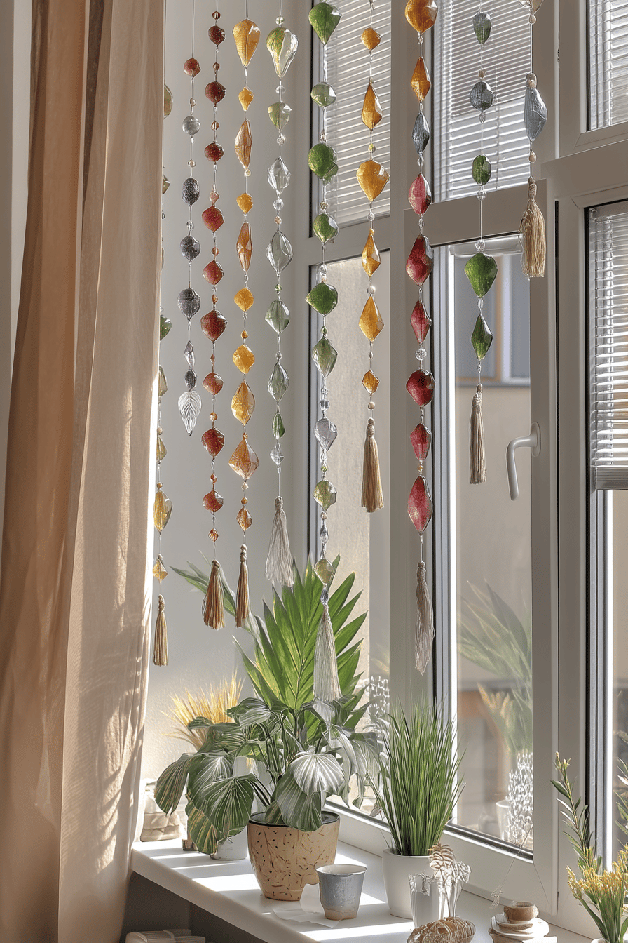 Bunte Suncatcher hängen vor einem Fenster, umgeben von grünen Pflanzen.