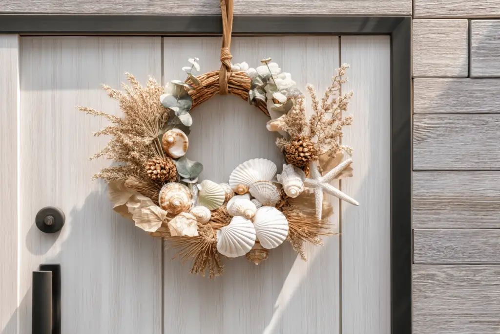 Sommerlicher Türkranz mit Muscheln und Trockenblumen