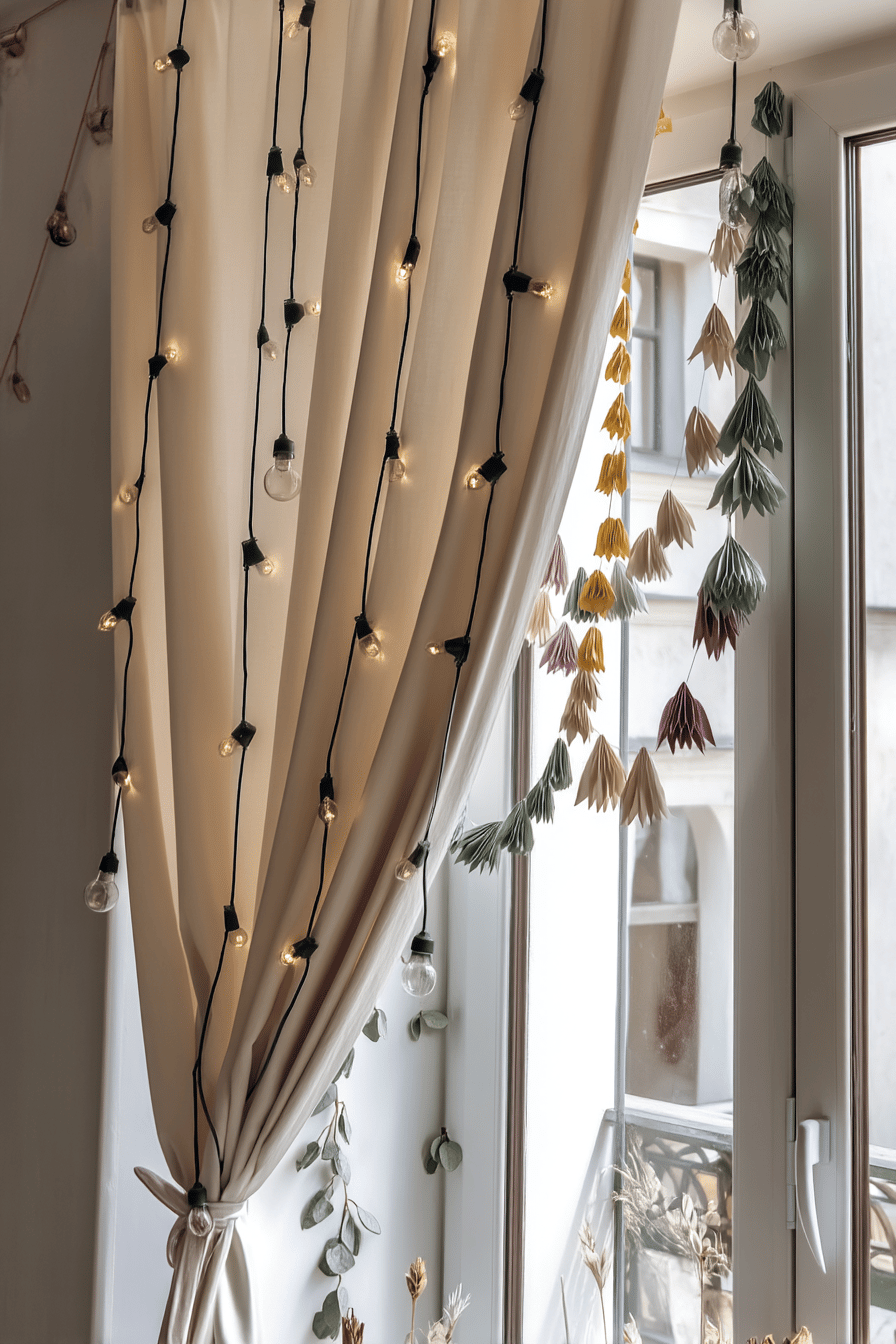 Fensterdekoration mit Lichterketten und Papiergirlanden.
