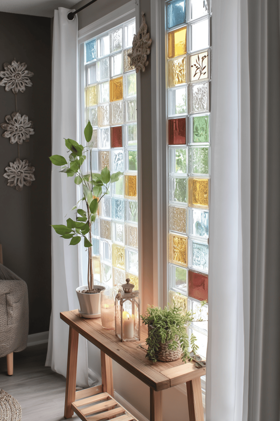 Buntes Mosaikfenster mit Pflanzen und Dekoration.