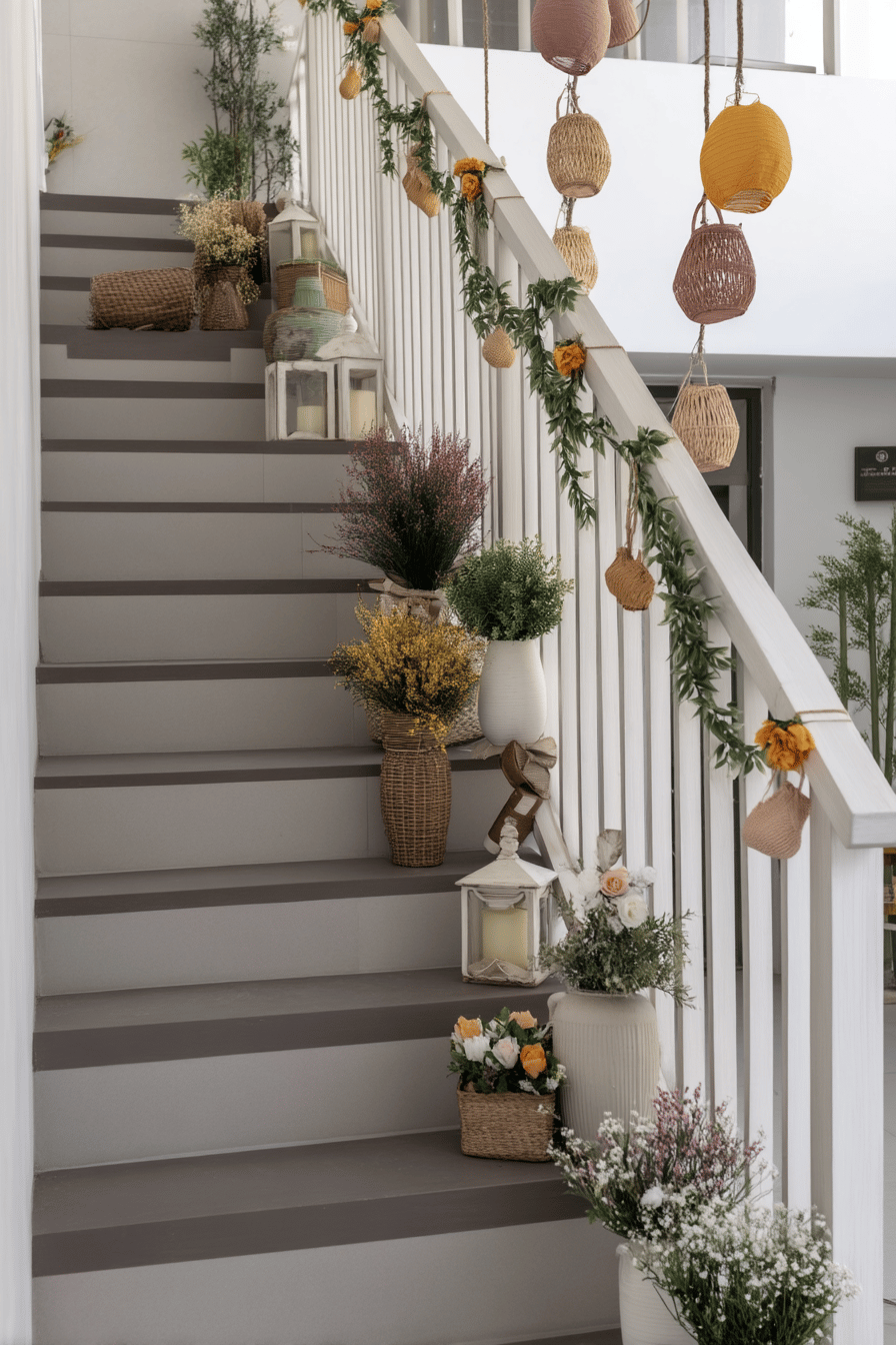 Treppe mit sommerlicher Dekoration aus Pflanzen, Körben und Lichtern.