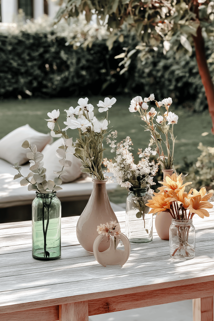 Verschiedene kleine Blumen in gläsernen und keramischen Vasen auf einem Holztisch im Garten.