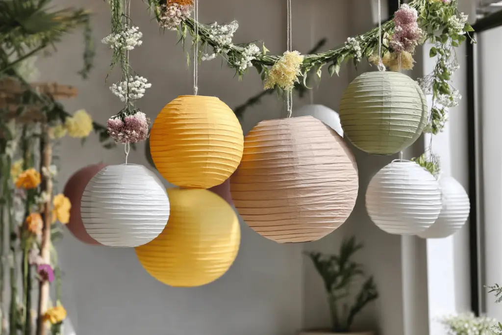Bunte Papierlaternen und Blumen als Dekoration