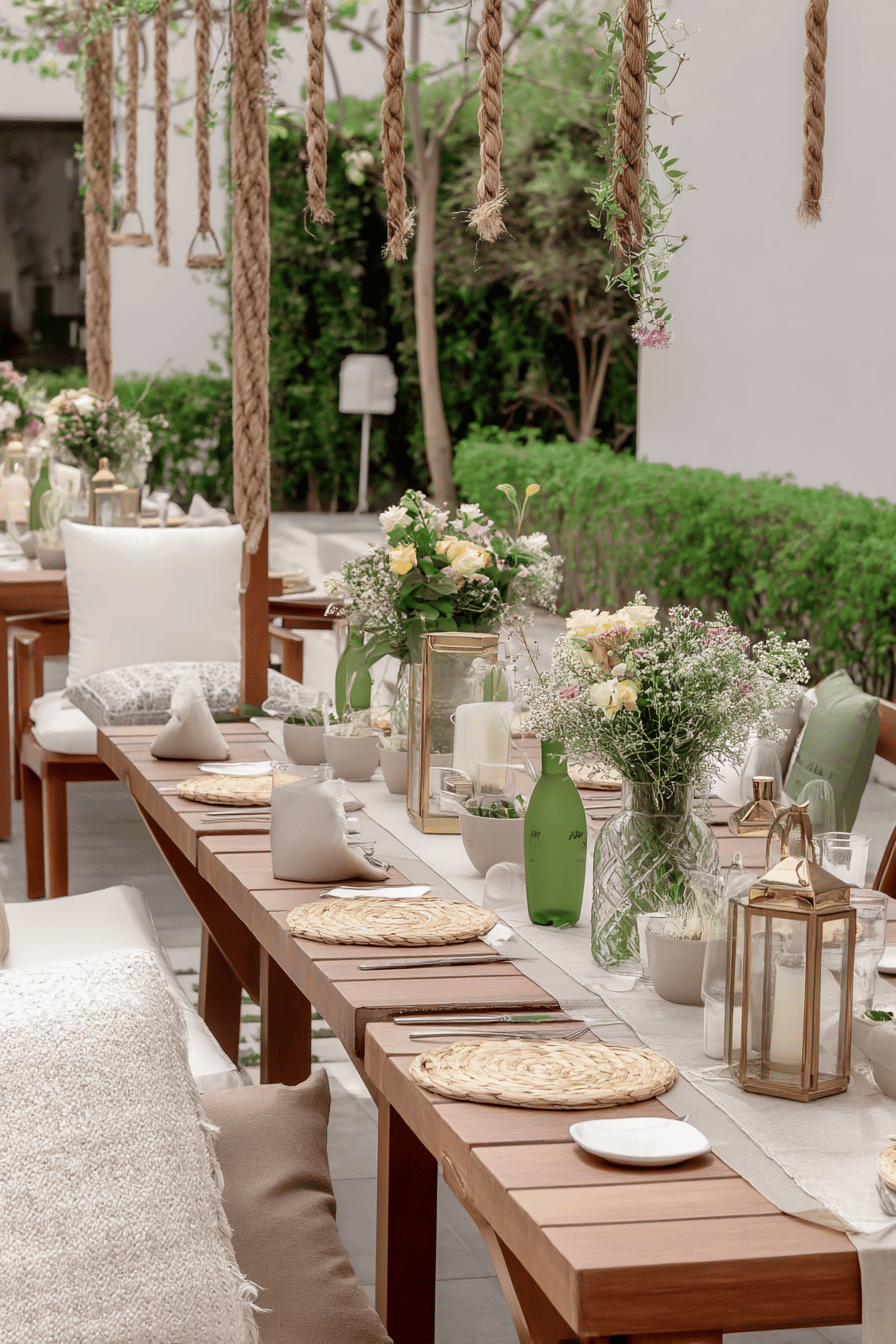 Garten-Tischdeko mit Blumen, Kerzen und Lanzen.