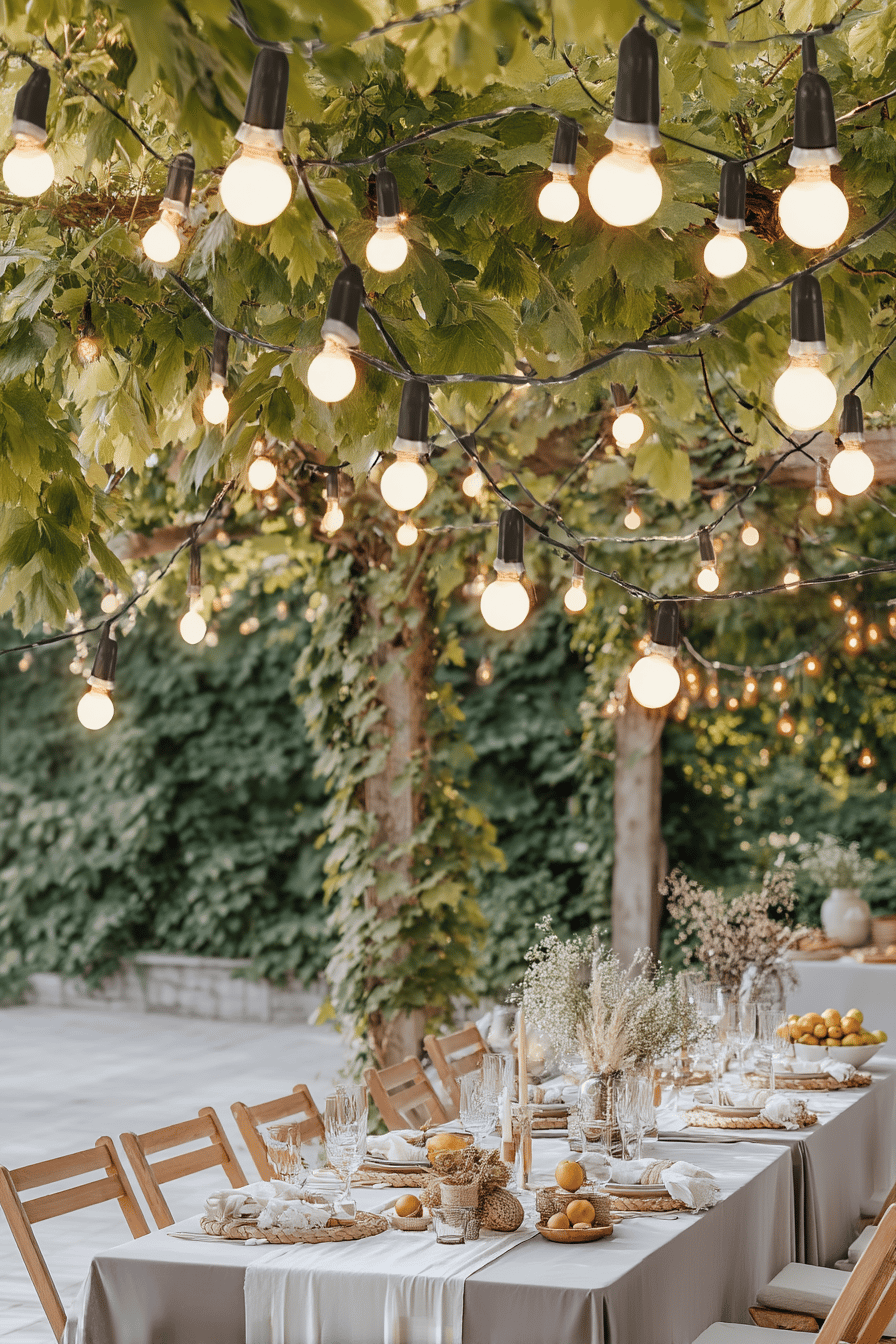 Garten mit Lichterketten über einem gedeckten Tisch.