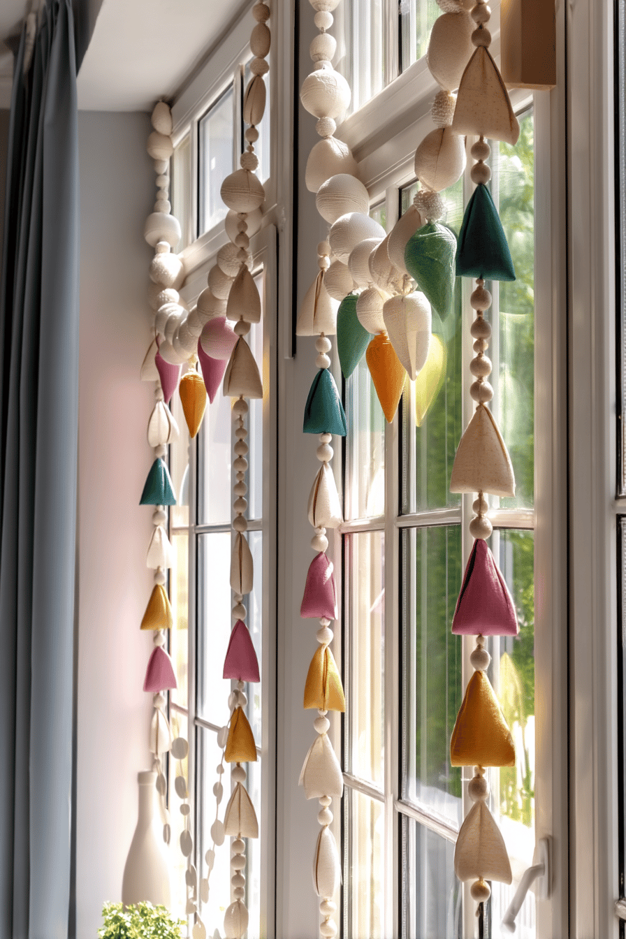 Hängende Sommergirlanden mit bunten Stoffdrapierungen an einem Fenster.