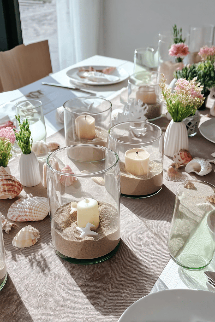 Sommerlich dekorierter Tisch mit Sandgläsern und Kerzen, umgeben von Muscheln und Blumen.
