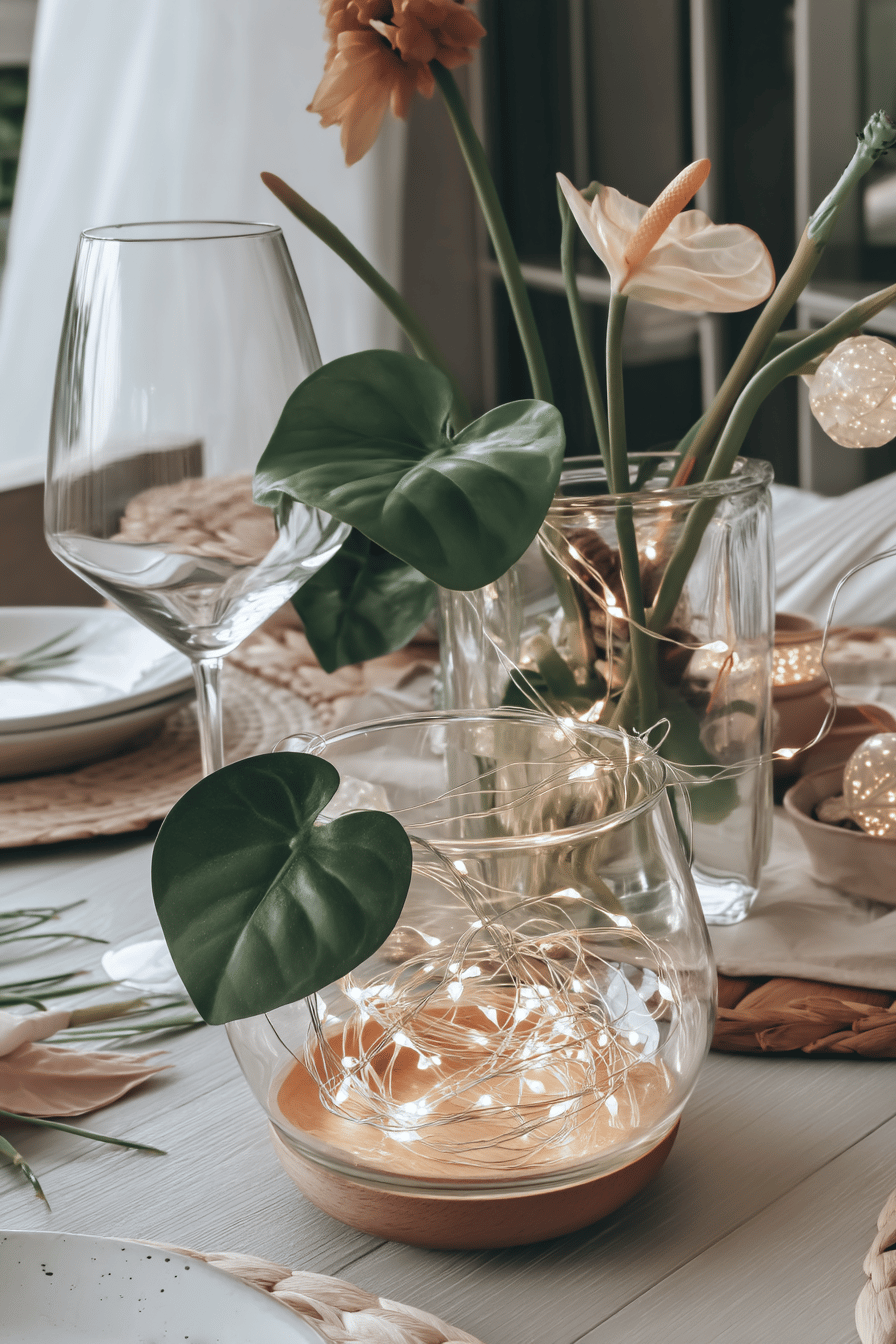 Ein elegant gedeckter Tisch mit Lichterketten und Pflanzen als Dekoration.