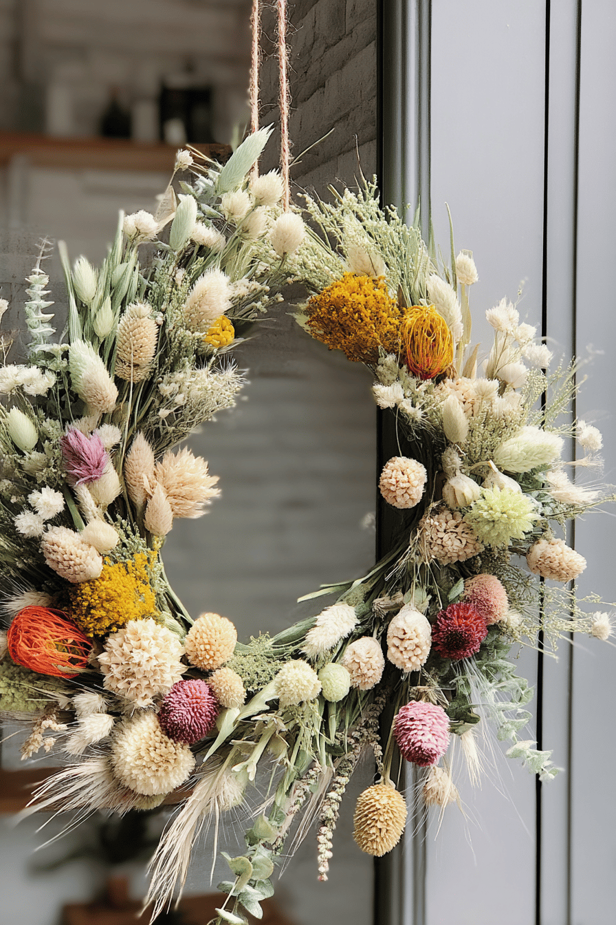 Türkranz aus verschiedenen Trockenblumen in warmen Farben.