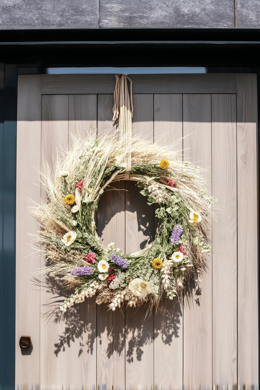 Ein dekorativer Türkranz mit Wiesengräsern und bunten Blumen auf einer Holztür.