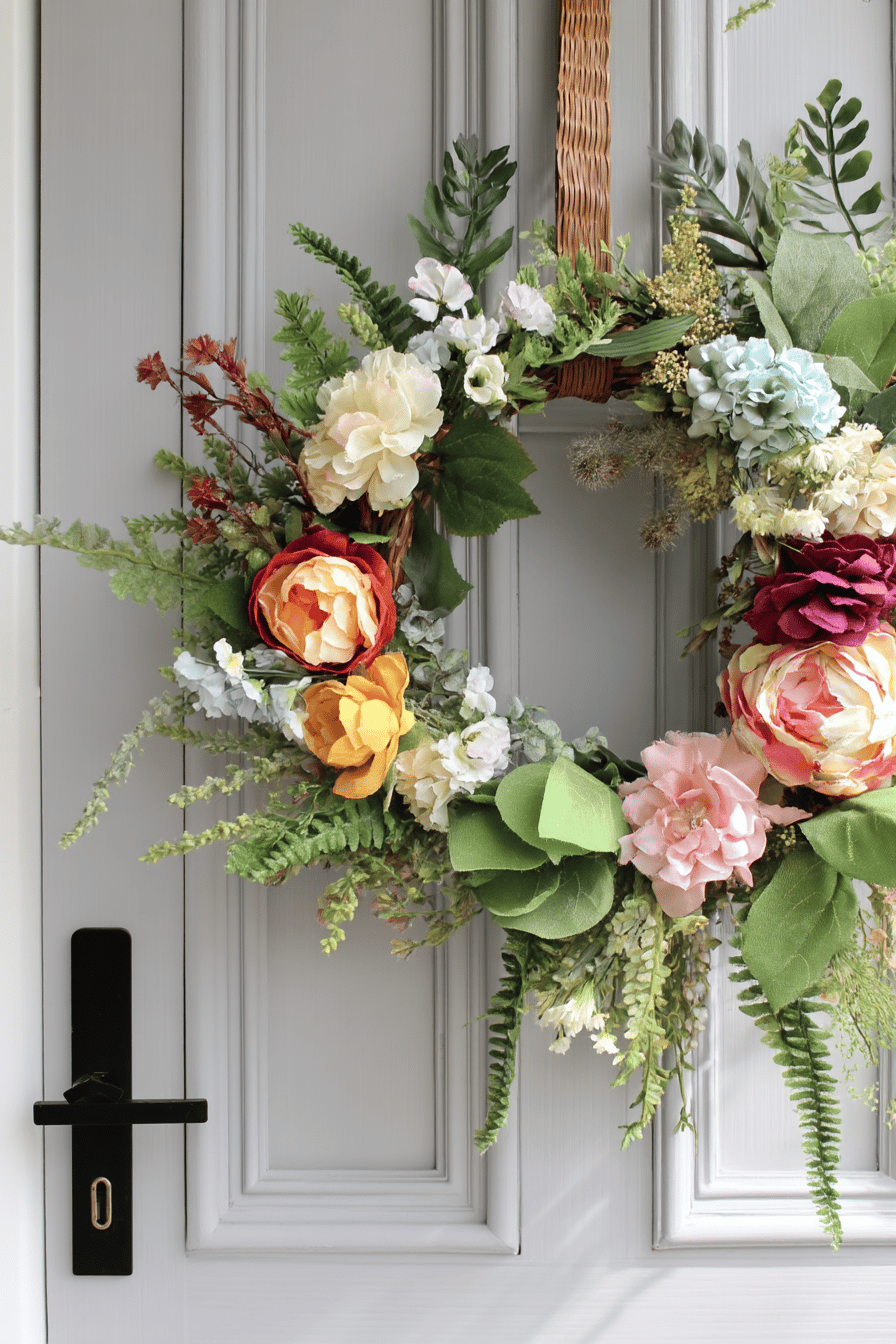 Ein bunter Türkranz aus Stoffblumen und grünem Laub vor einer weißen Tür.