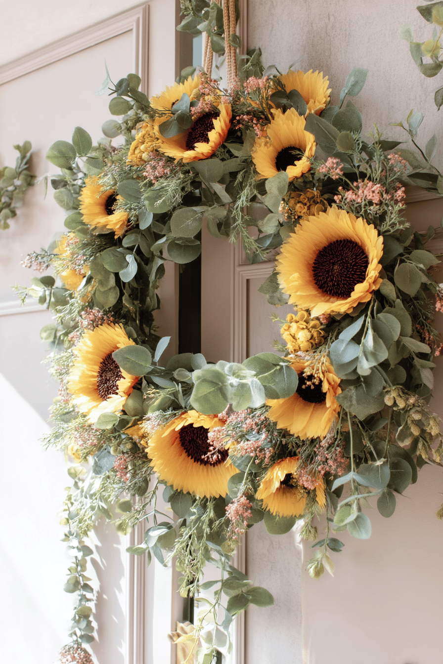 Ein Türkranz aus leuchtenden Sonnenblumen und grünen Blättern, der an einer Eingangstür hängt.