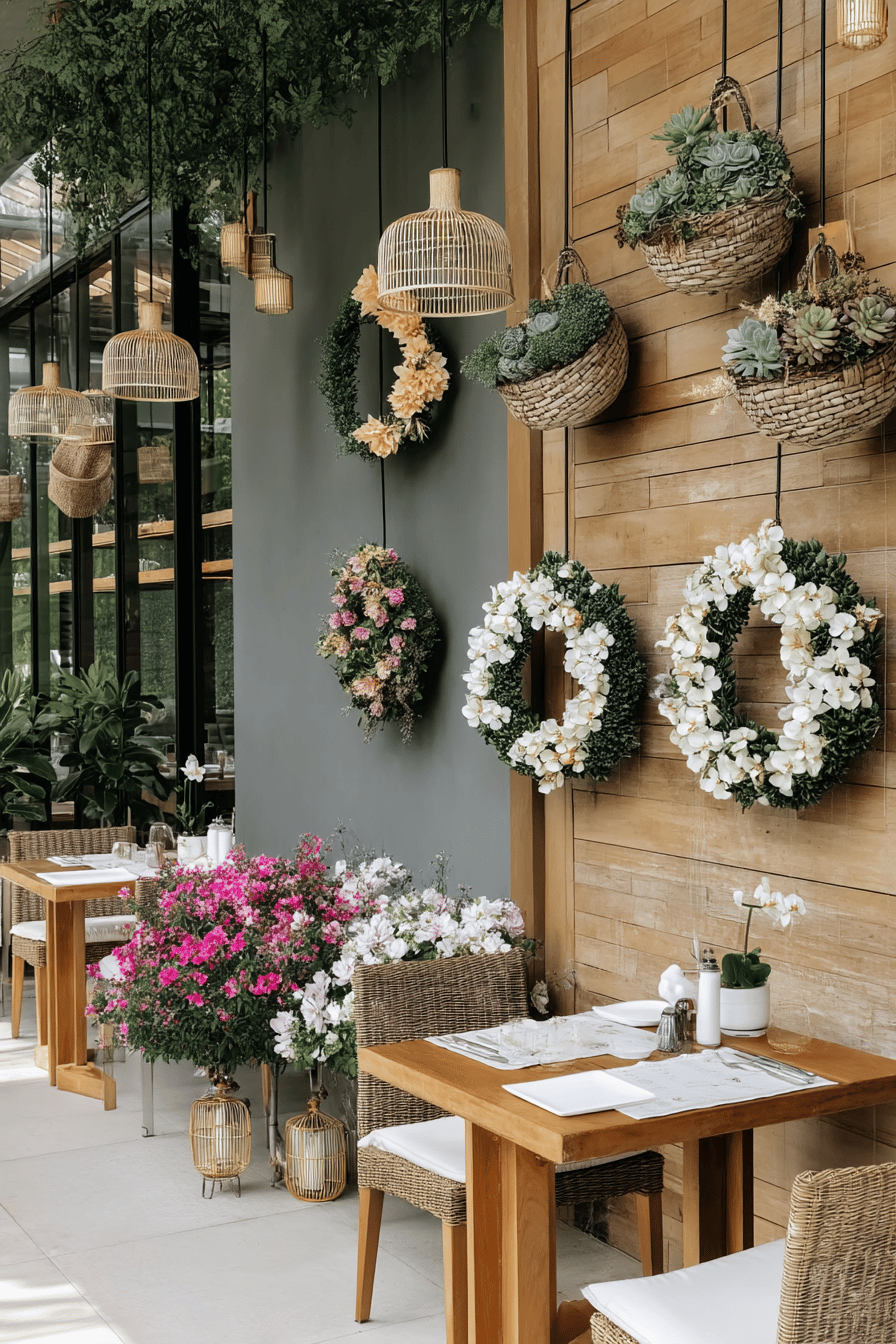 Ein Gartenbereich mit hängenden Sukkulentenkränzen und Blumenarrangements an einer Holzwand.