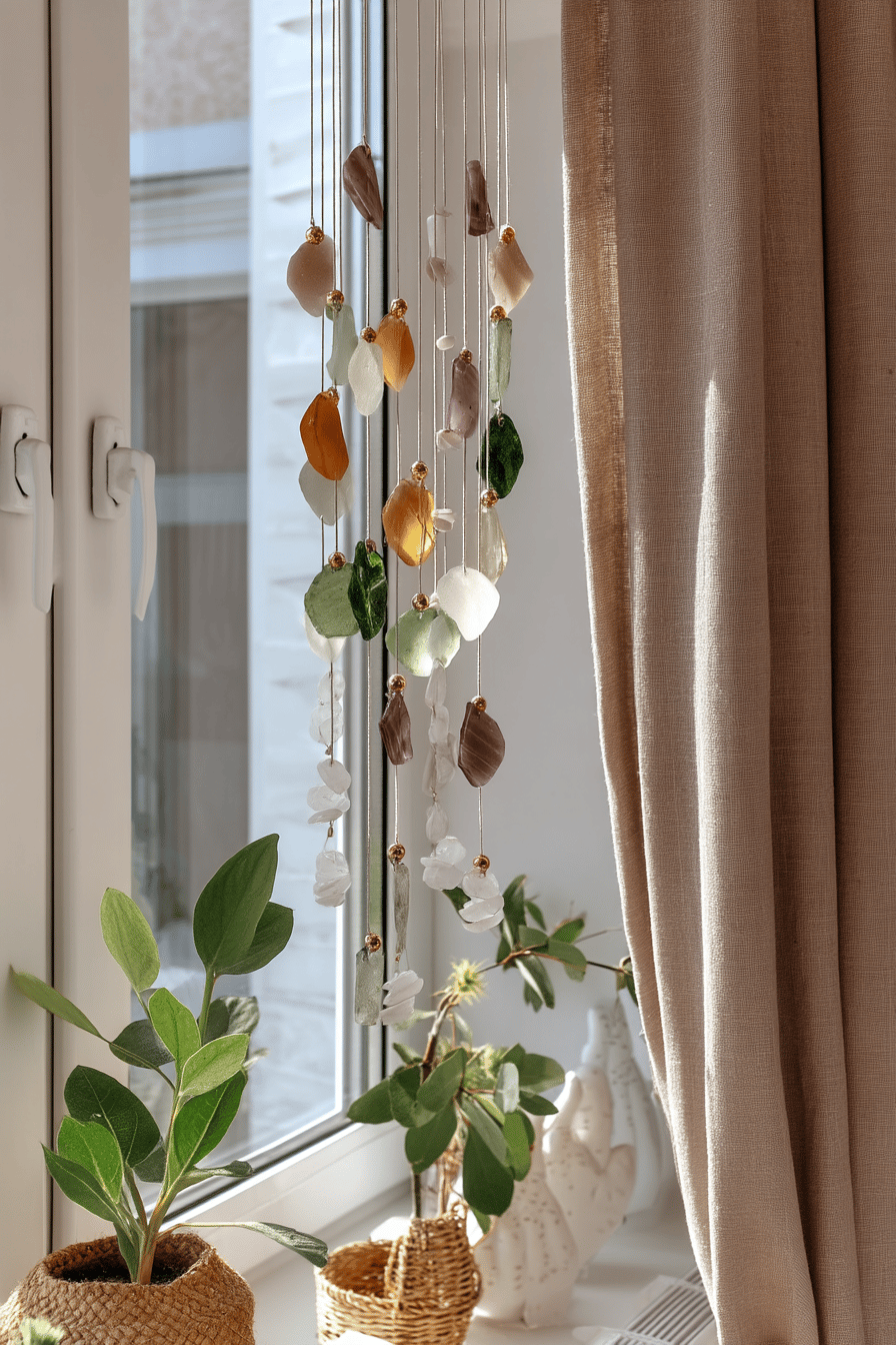 Suncatcher aus buntem Glas hängt am Fenster, umgeben von Zimmerpflanzen.