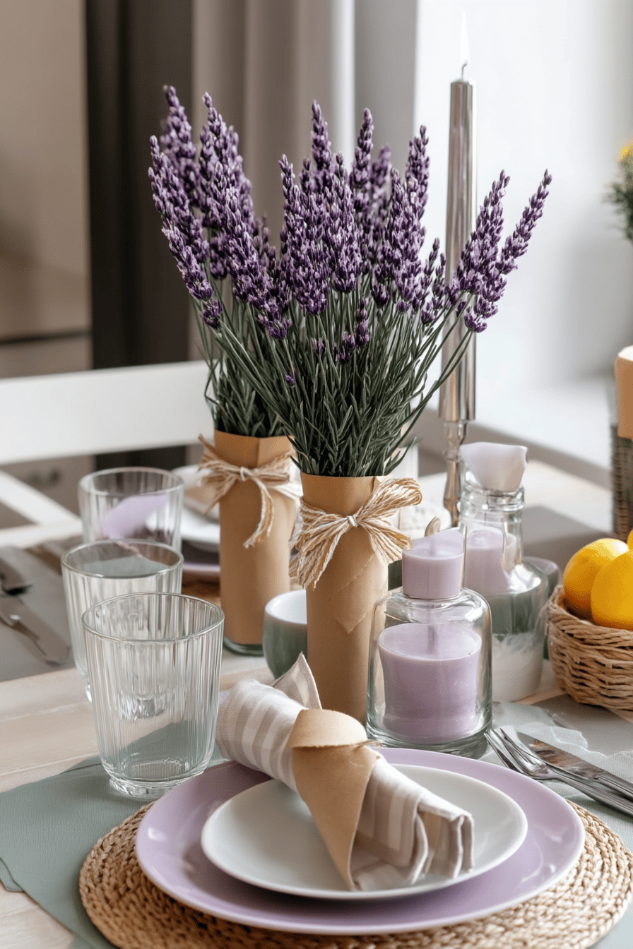 Ein Tisch mit Lavendel-Deko, Kerzen und Geschirr im Sommerstil.