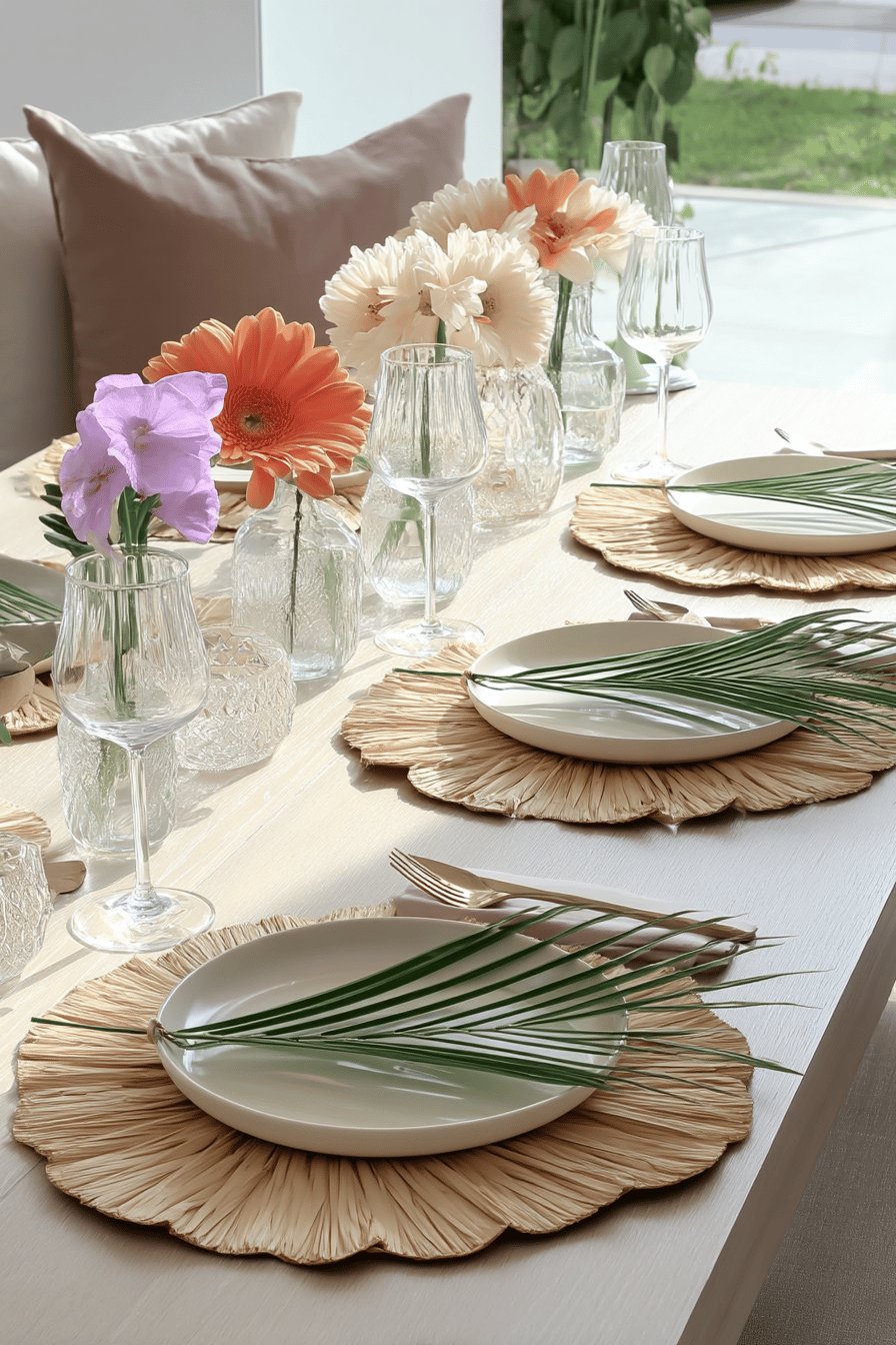 Ein elegant gedeckter Sommertisch mit Palmenblättern als Platzsets und bunten Blumen.