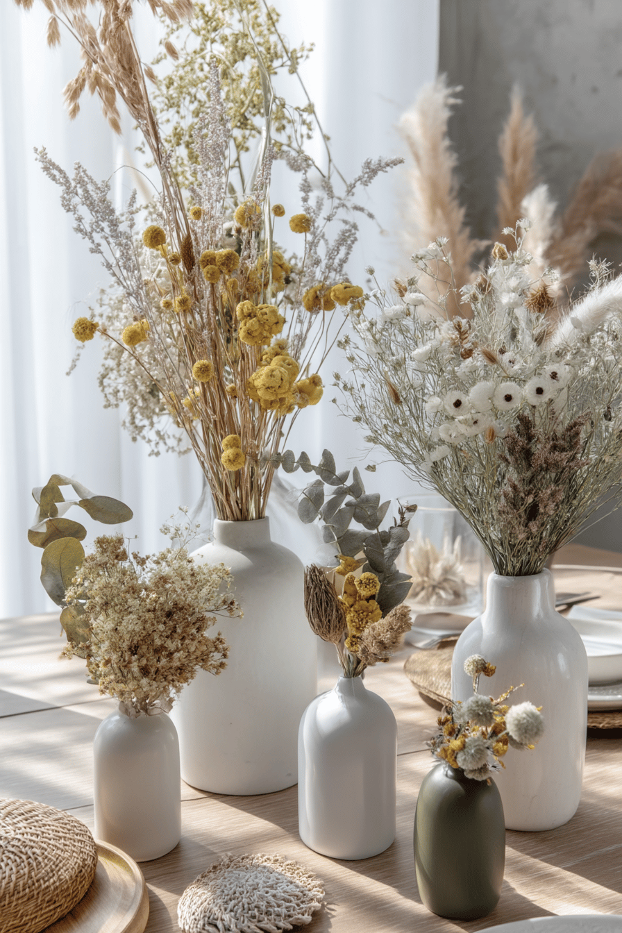 Verschiedene Trockenblumen in kleinen, dekorativen Vasen auf einem Tisch.