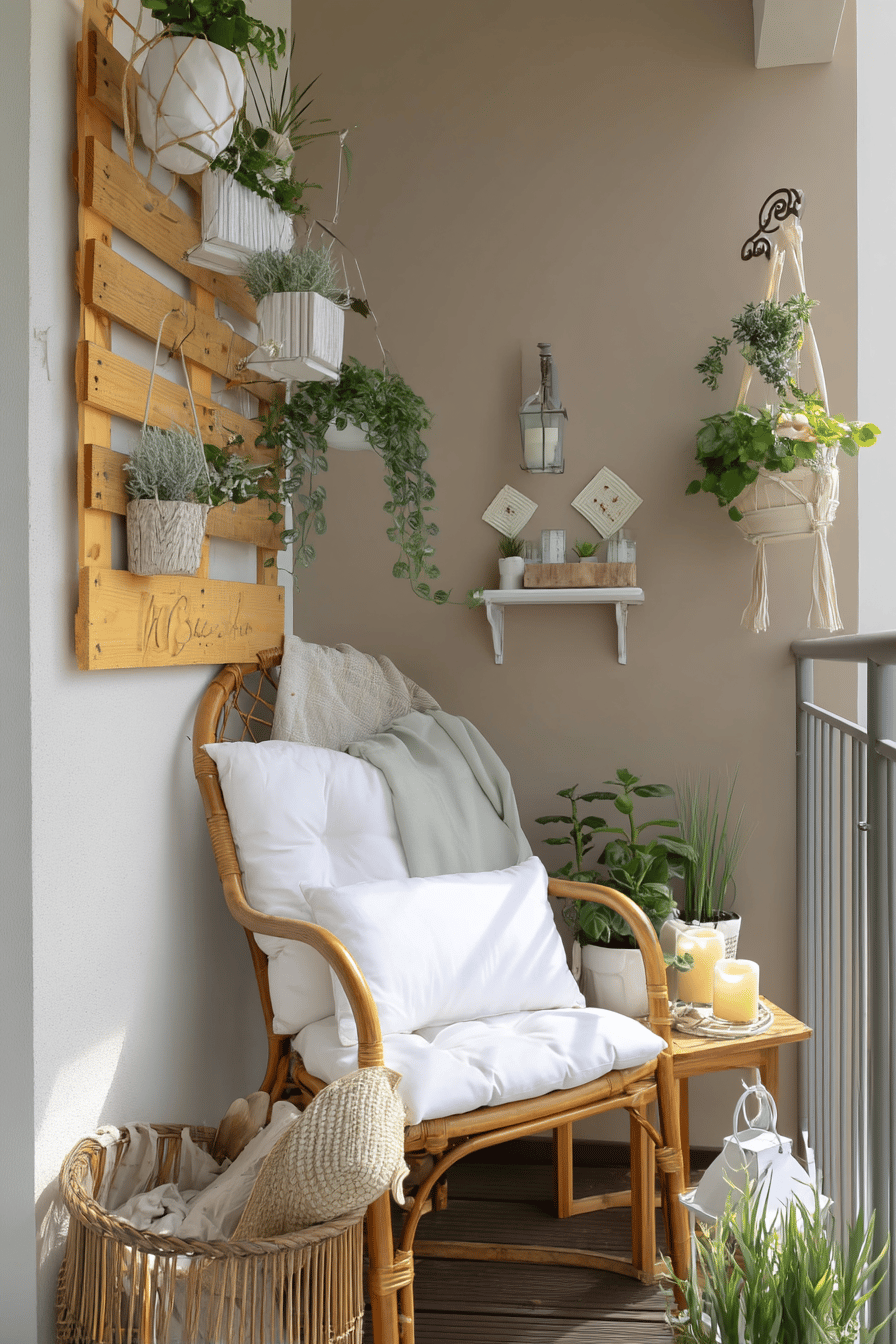Ein kleiner Balkon mit recycelten Möbeln, Pflanzen und gemütlicher Deko.