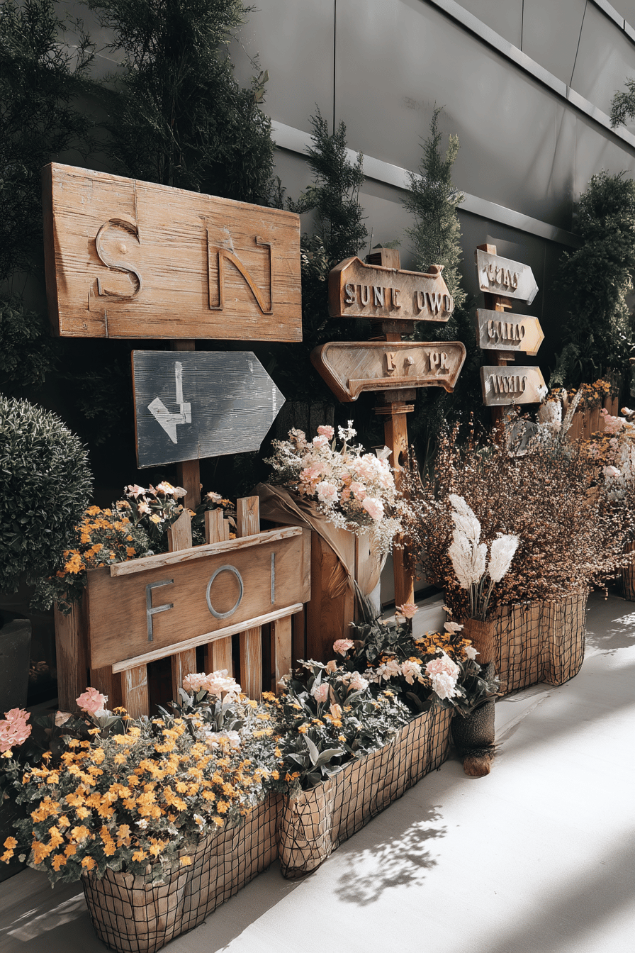 Holzschilder und Blumen im Vintage-Stil vor einem Hauseingang.