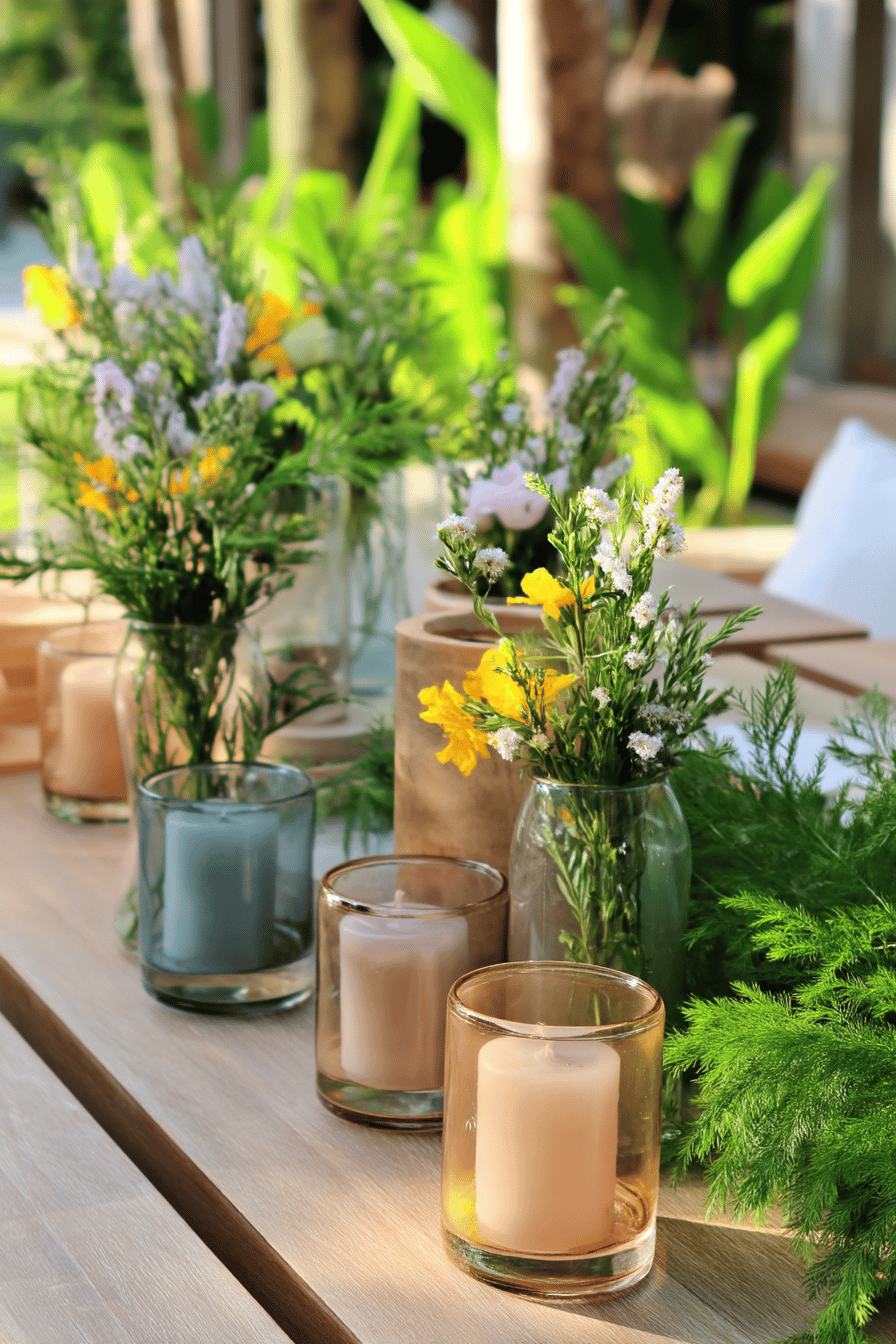 Tisch mit Windlichtern in Gläsern und frischen Blumen in Vasen.