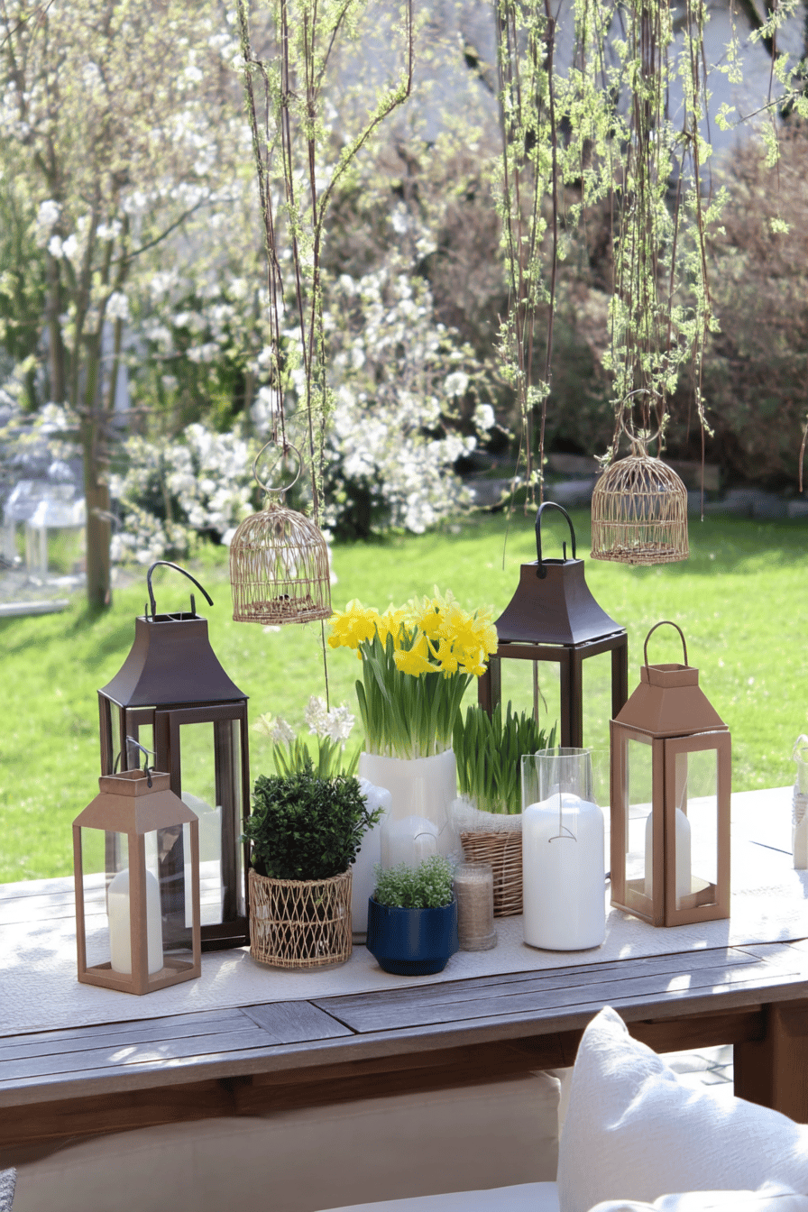 Ein Outdoor-Tisch mit verschiedenen Windlichtern und Pflanzen im Garten.