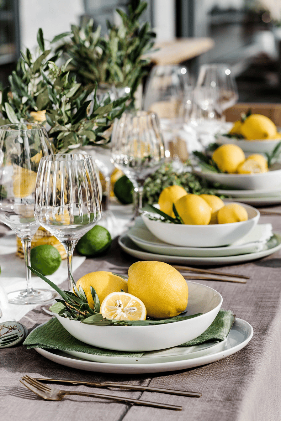 Ein Tisch mit Zitronen-bedeckten Tellern und elegant gedecktem Geschirr, umgeben von Olivenzweigen.