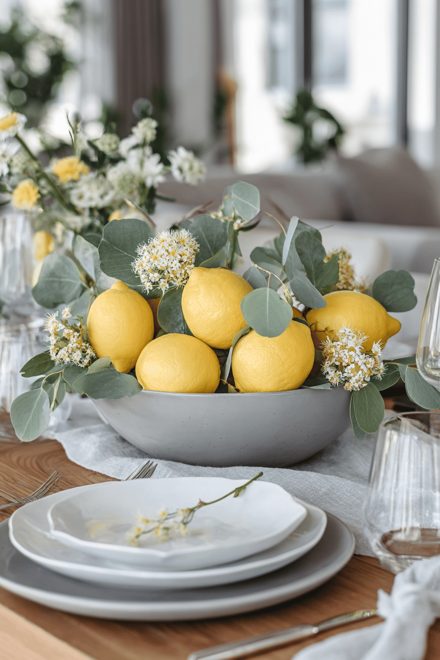 Eine Tischdekoration mit Zitronen in einer Schale, umgeben von grünen Blättern und weißen Blüten.
