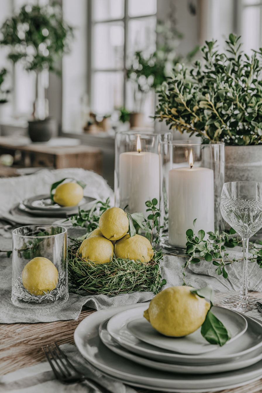 Ein stilvoll gedeckter Tisch mit Zitronen und brennenden Kerzen in Glasgefäßen, umgeben von grünen Blättern.
