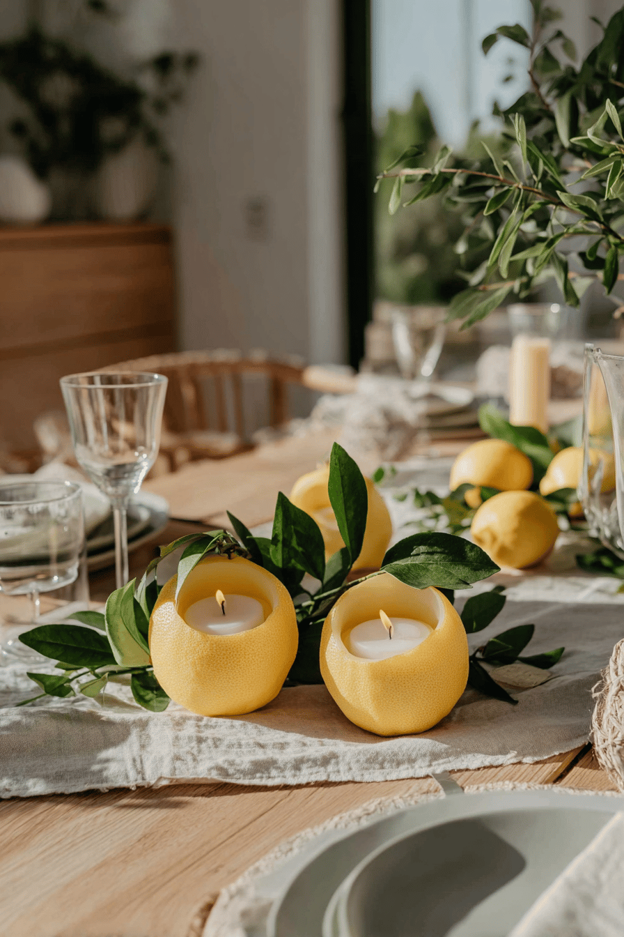 Ein Tisch mit Zitronen, gefüllt mit Teelichtern, dekoriert mit grünen Blättern.