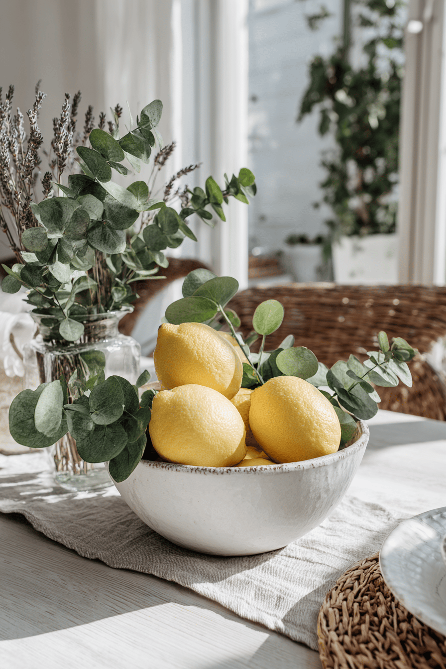 Eine weiße Schale mit frischen Zitronen und Eukalyptuszweigen auf einem Tisch.