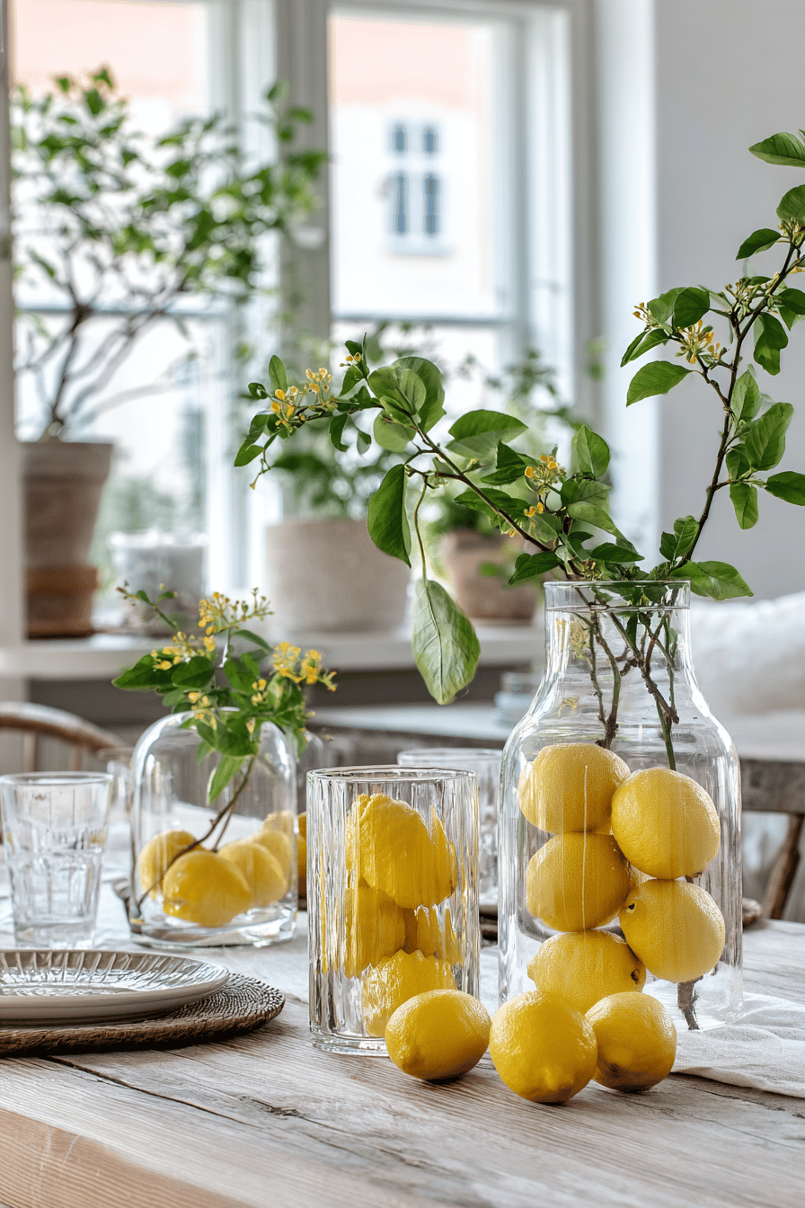 Ein Tisch mit Zitronen in Glasvasen, umgeben von Pflanzen im Hintergrund.