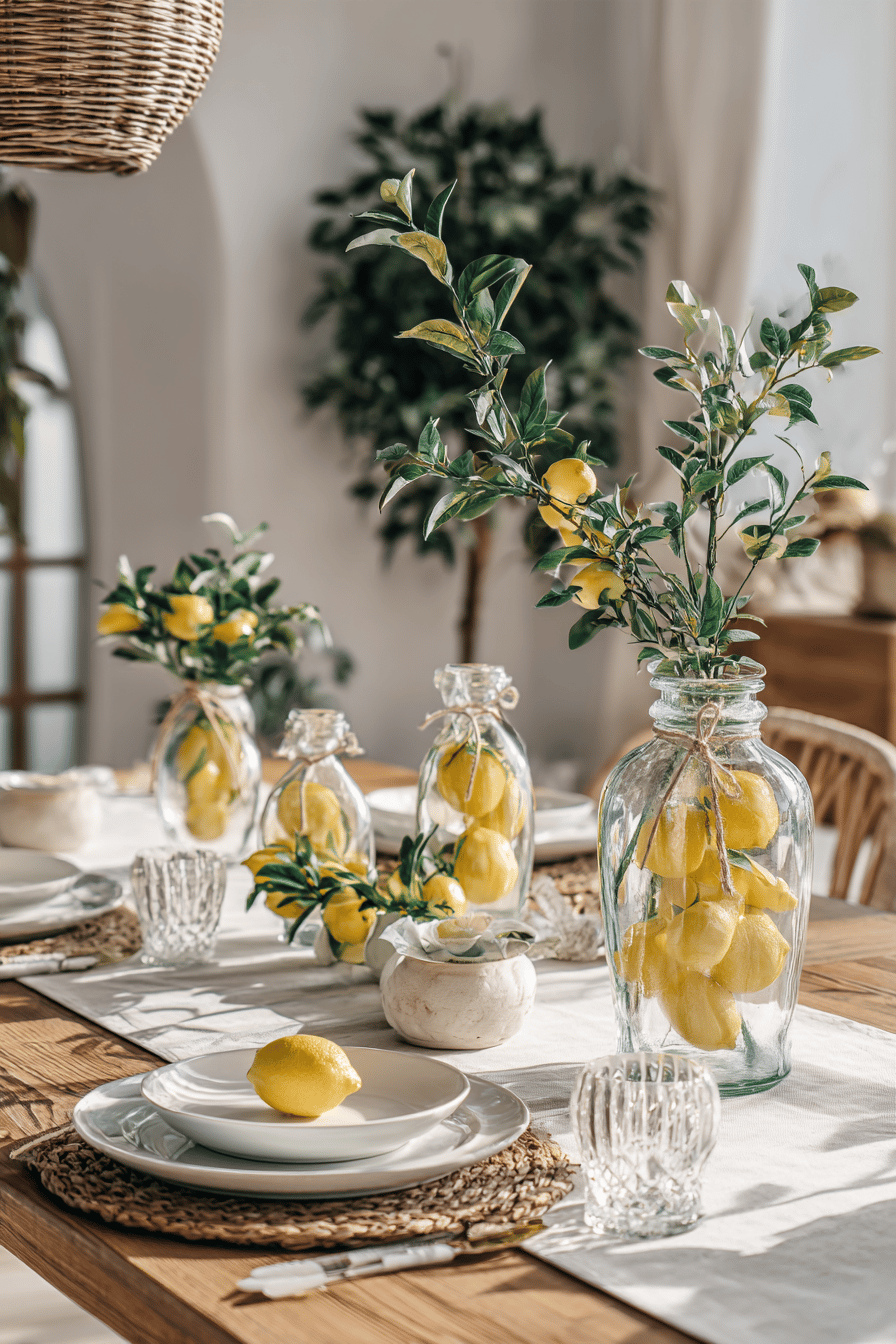 Ein geschmackvoll dekorierter Tisch mit Zitronen in Glasvasen und geflochtenen Tischsets.