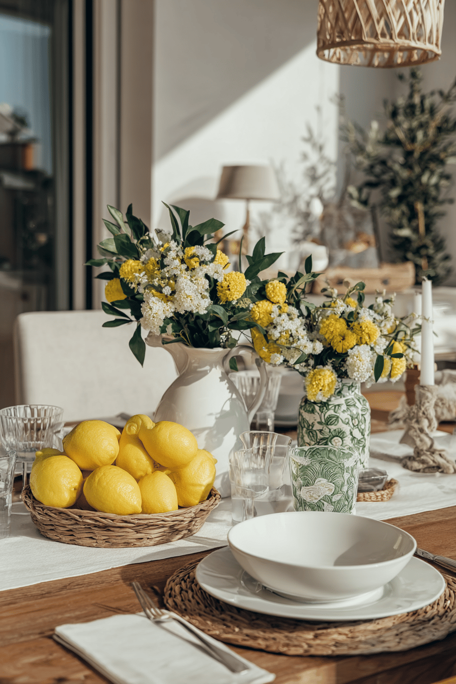 Ein Tisch dekoriert mit Zitronen und bunten Blumen in Vasen.