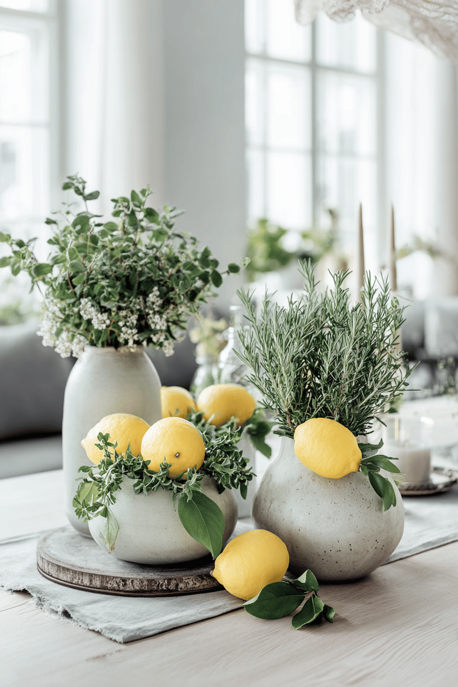 Vasen mit Zitronen und Kräutern als Tischdekoration.