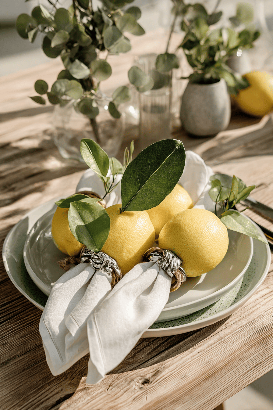 Ein Teller mit Zitronen und weißen Serviettenringen verleihen dem Tisch einen frischen Look.