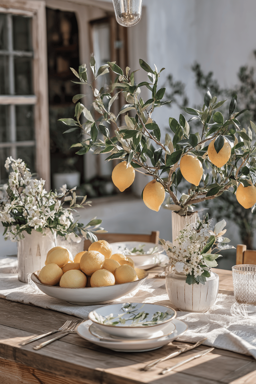 Ein rustikal dekorierter Tisch mit Zitronen und Blumenvasen im Freien.