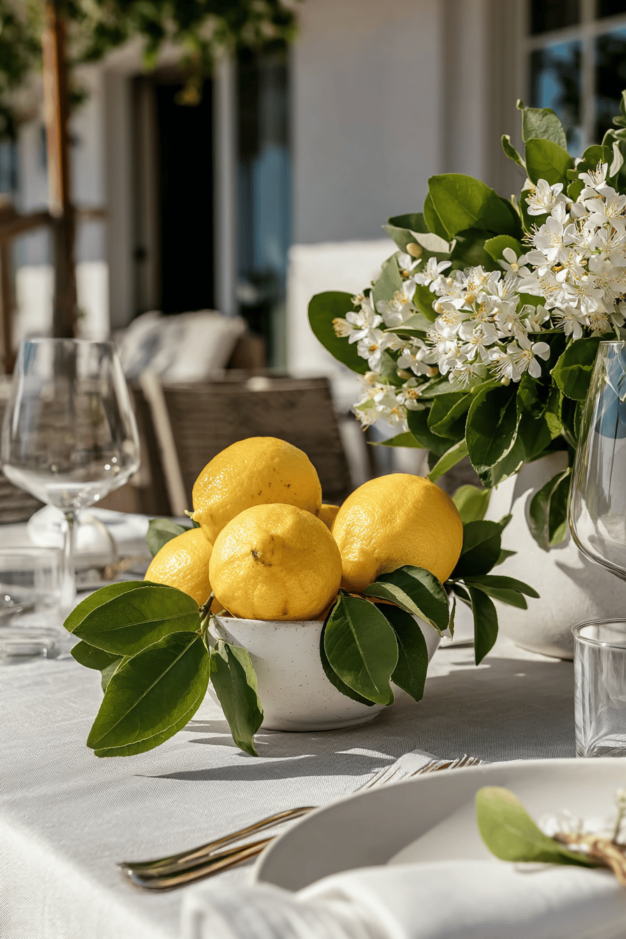 Ein gedeckter Tisch mit Zitronen und weißen Blüten als Dekoration.