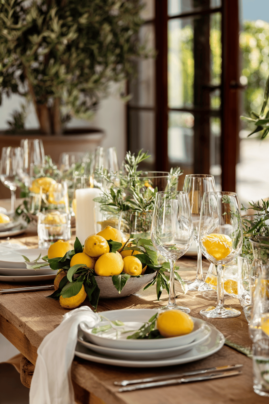 Ein schön dekorierter Tisch mit Zitronen, Gräsern und Glaswaren.