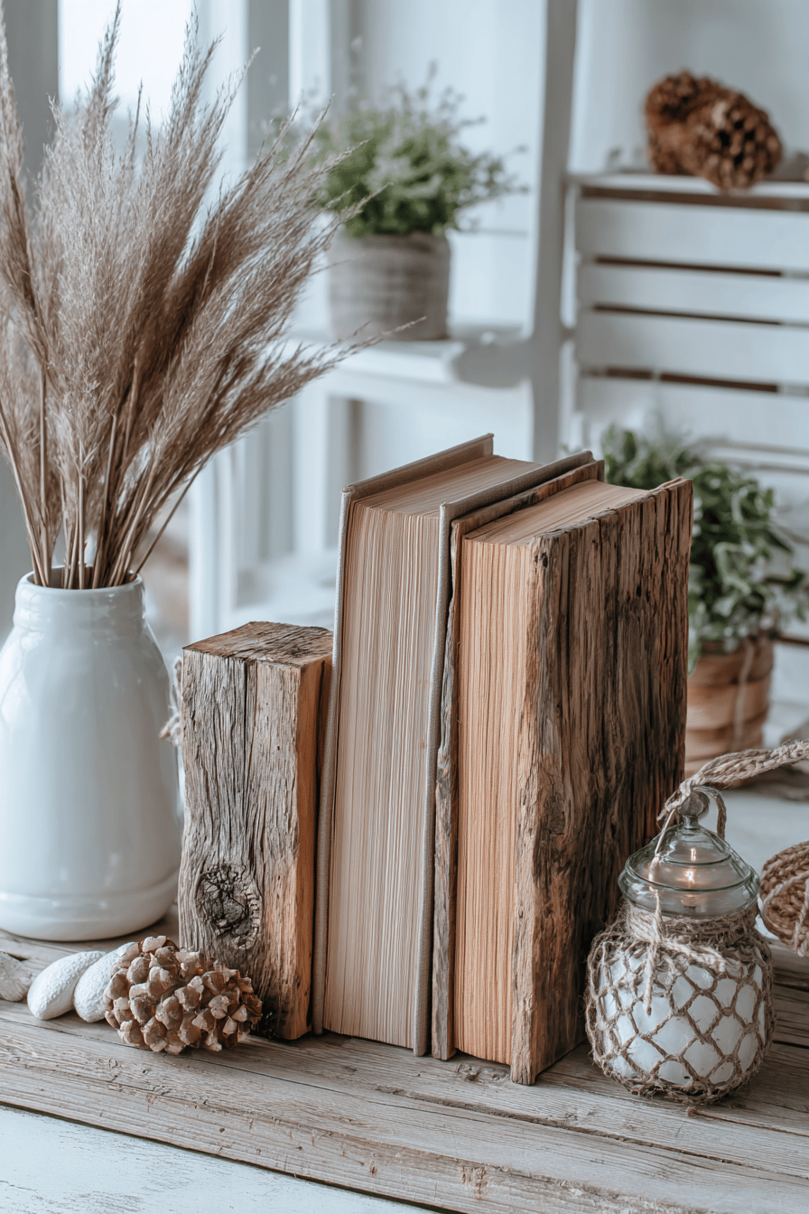 Bücher gestützt von rustikalem Altholz, dekoriert mit einer Kerze und Trockenblumen.